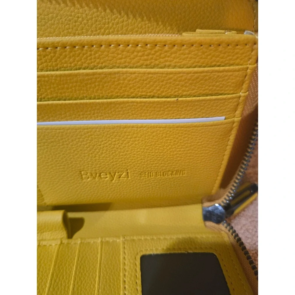 Bveyzi Yellow Pebbled Leather RFID Blocking Zip Around Wristlet Wallet